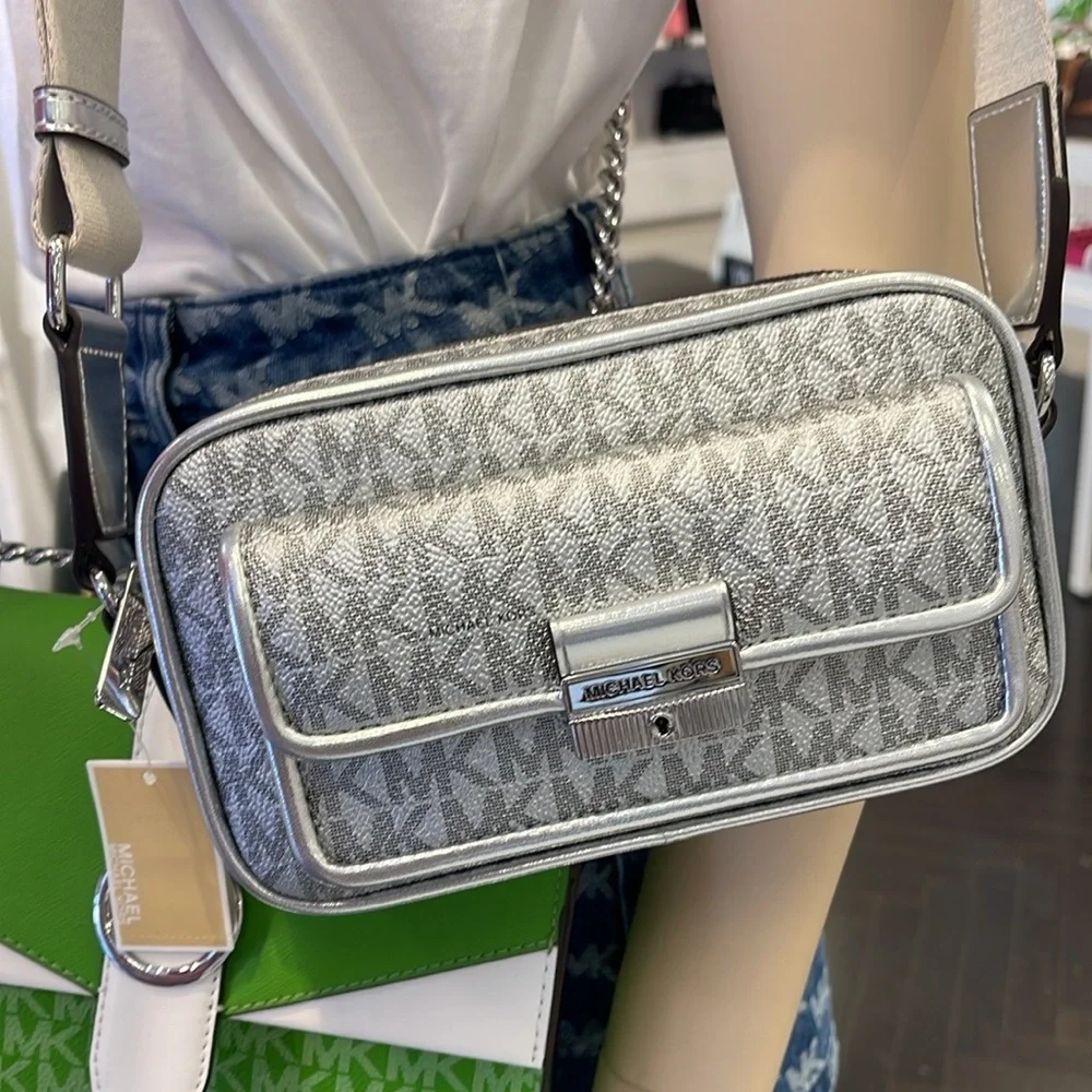 Michael Kors Bradshaw Extra-Small Metallic Signature Logo Camera Crossbody Silv